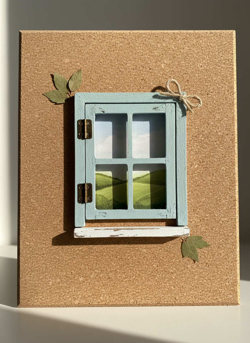 A close-up, photographic realism shot of a handmade rustic miniature window scene mounted on a square cork board. The window frame is crafted from distressed balsa wood painted a soft robin’s egg blue, with tiny metal hinges and a slightly chipped sill. Behind the panes, a nature-inspired backdrop shows rolling green hills and a pale sky. Soft morning sunlight from the left creates gentle highlights on the cork’s rough texture and casts playful shadows from the tiny frame. Shot at eye level with a shallow depth of field, the window is centered while the cork edges blur, giving a cozy, playful, and organic portfolio hero image feel.