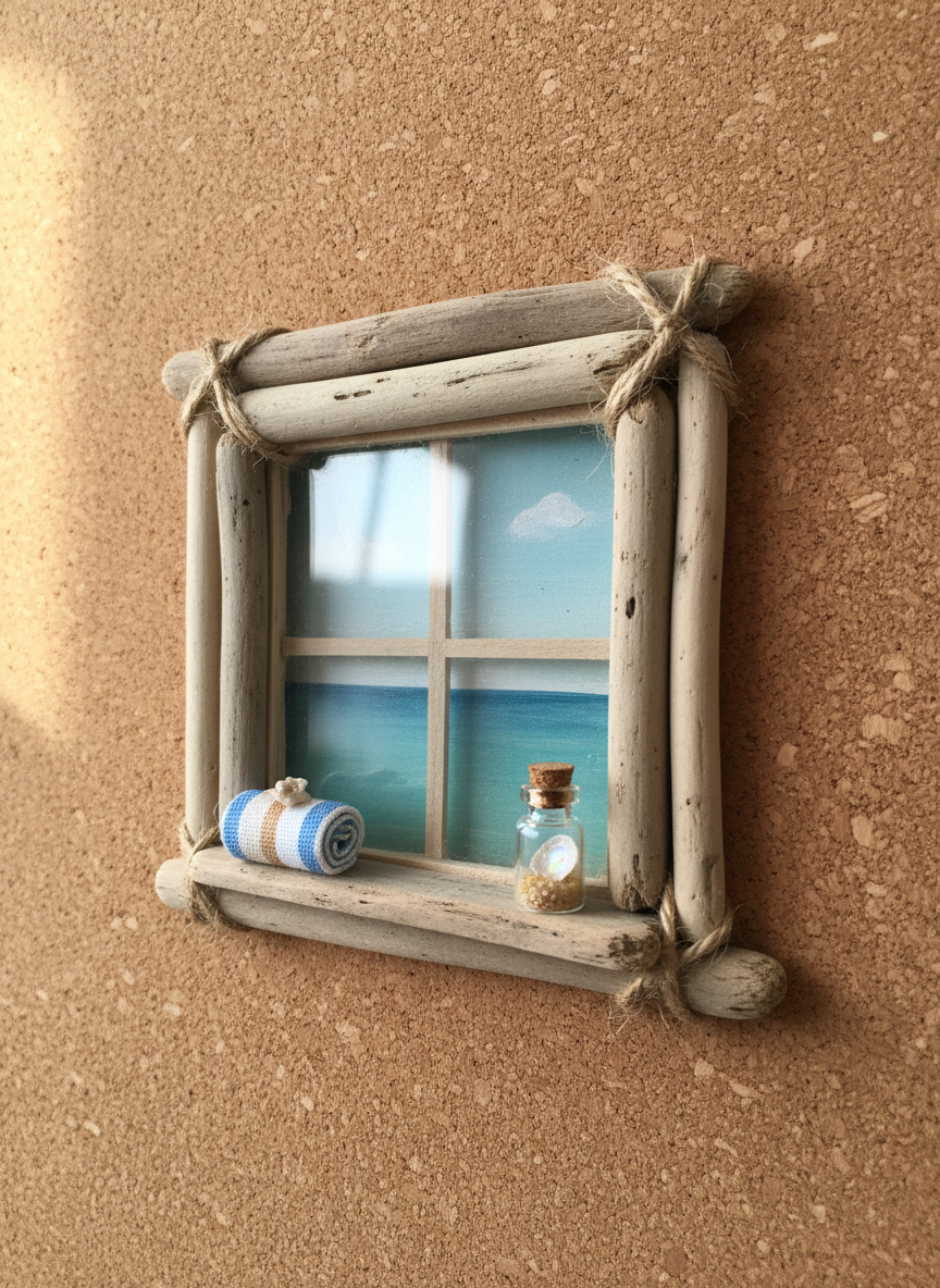 An ultra-detailed photographic realism close-up of a coastal-themed miniature window scene on cork board. The window frame is fashioned from driftwood pieces, bleached and smoothed, tied with thin jute twine at the corners. A tiny rolled “beach towel” of striped fabric rests on the sill beside a minuscule glass bottle filled with sand and a single shell fragment. Beyond the panes, a painted turquoise sea meets a pale horizon. Soft diffused daylight from an unseen window above creates gentle reflections on the glass and subtle texture on the cork. Shot from a slightly elevated angle using rule of thirds, the atmosphere is breezy, relaxed, and playfully rustic.