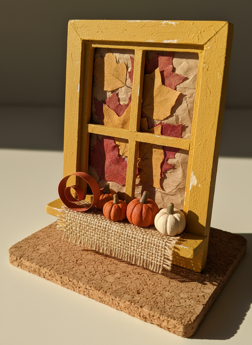 An autumn harvest-themed miniature window scene composed on a square cork tile, rendered in crisp photographic realism. The window frame is painted mustard yellow with deliberate brushstroke texture and slightly worn corners. On the narrow sill, a cluster of tiny polymer clay pumpkins in various orange shades, a curled paper “leaf,” and a sliver of burlap suggest a rustic table runner. Through the panes, a collage of pressed leaves and brown kraft paper evokes a forest in fall. Warm, late-afternoon light from the right casts cozy shadows and enhances the honey tones of the cork. Shot at a three-quarter angle with shallow depth of field, the atmosphere feels playful, seasonal, and homey.
