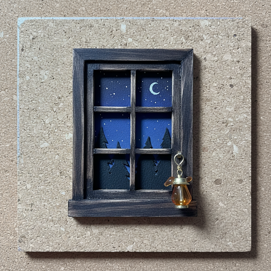 A night-time forest-themed miniature window scene fixed on cork board, captured in rich photographic realism. The window frame is dark-stained wood with an intentionally uneven finish, and the panes reveal a deep indigo sky dotted with hand-painted stars above a silhouette of pine trees cut from textured paper. On the sill, a tiny lantern made from a brass bead and a fleck of translucent plastic seems ready to glow. Cool, directional light from the top left mimics moonlight, casting crisp shadows and a faint rim light on the cork edges. Photographed straight-on with centered composition and moderate depth of field, the mood is magical, quiet, and slightly mysterious yet playful.