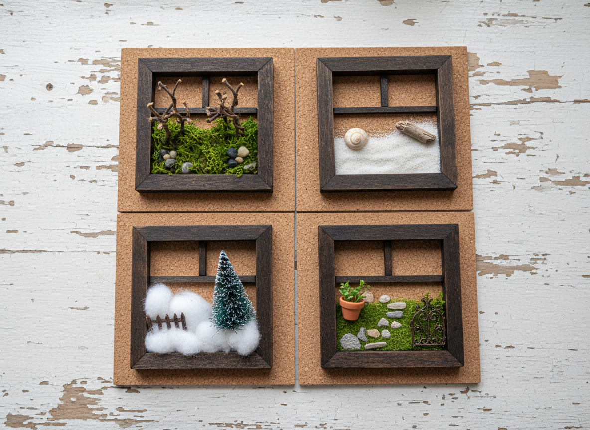 A collection of four contrasting miniature rustic window scenes arranged grid-style on a weathered white wooden tabletop, each mounted on its own cork board. One shows a forest with tiny moss, another a beach with sand and a shell, another a snowy scene with cotton “snow,” and another a tiny garden with a clay flower pot. Soft overcast daylight from above evenly illuminates the textures of cork, wood, and found materials, creating subtle shadows around each piece. Captured from a slightly elevated angle with sharp focus throughout, the composition feels playful and curated, perfect for a portfolio gallery overview in a clean photographic style.