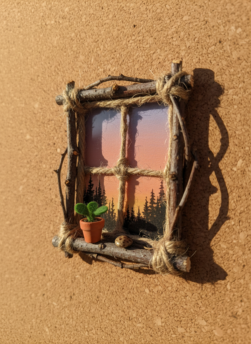 A whimsical miniature window scene on cork board featuring a tiny rustic farmhouse window made from uneven twigs and twine. The sill holds a minuscule terracotta pot with a felted green plant and a speckled ‘stone’ made from a polished seed. Behind the panes, a hand-painted sunset sky fades from peach to lavender over silhouetted trees. Warm golden hour light sweeps across the scene from the right, catching the edges of the twigs and casting elongated shadows on the cork. Photographed in photographic realism at a slight angle with shallow depth of field, the mood is dreamy, playful, and nature-loving.